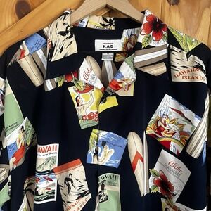 KAD Clothing‎ Men's XL Short Sleeve Hawaiian Button Up Shirt Surfboard Postcard